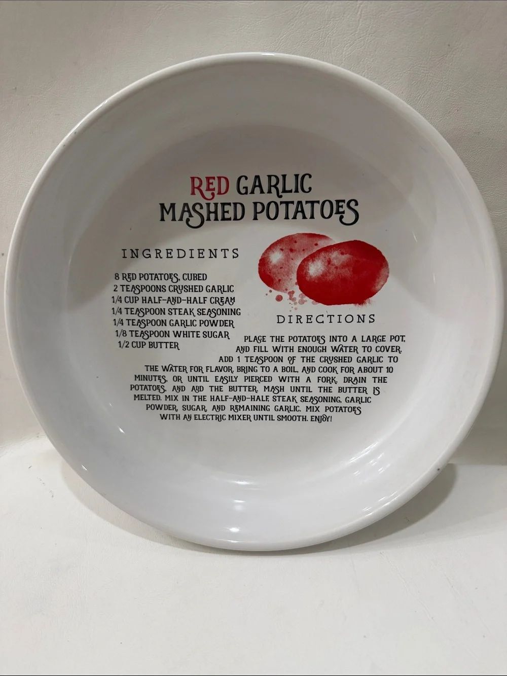 Red Garlic Mashed Potatoes Recipe Bowl - White with Red Graphic
